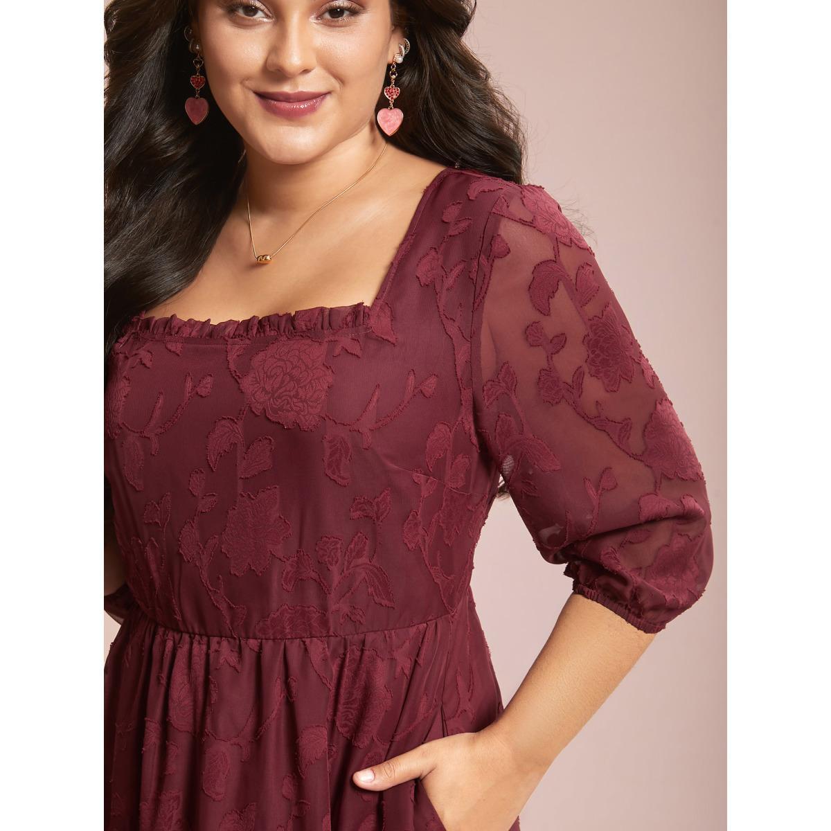 Plus Size Floral Frill Trim Stretchy-Waist Sheer Midi Dress Burgundy Women Elegant Texture Square Neck Elbow-length sleeve Curvy BloomChic 18-20/2X Product Image