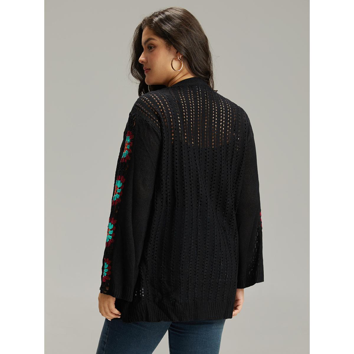 Plus Size Plain Hollow Out Patchwork Cardigan Black Women Casual Loose Long Sleeve Dailywear Cardigans BloomChic 30/6X Product Image
