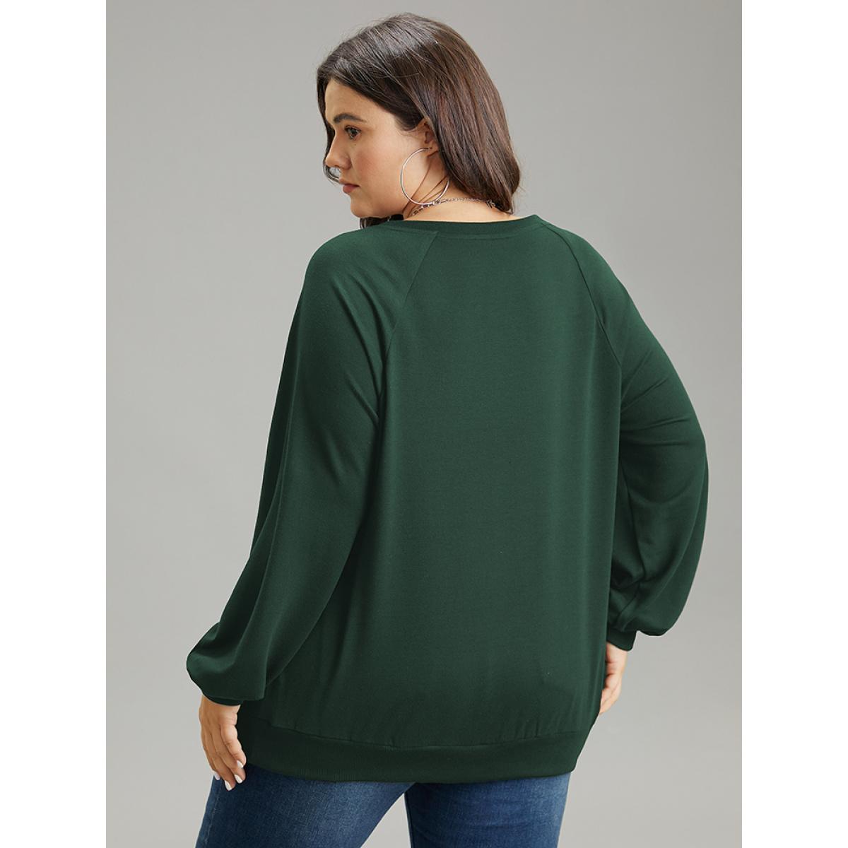 Plus Size Solid Rib Knit Cut Out Raglan Sleeve Sweatshirt Women Green Casual Rib Knit Keyhole Cut-Out Everyday Sweatshirts BloomChic 14-16/1X Product Image