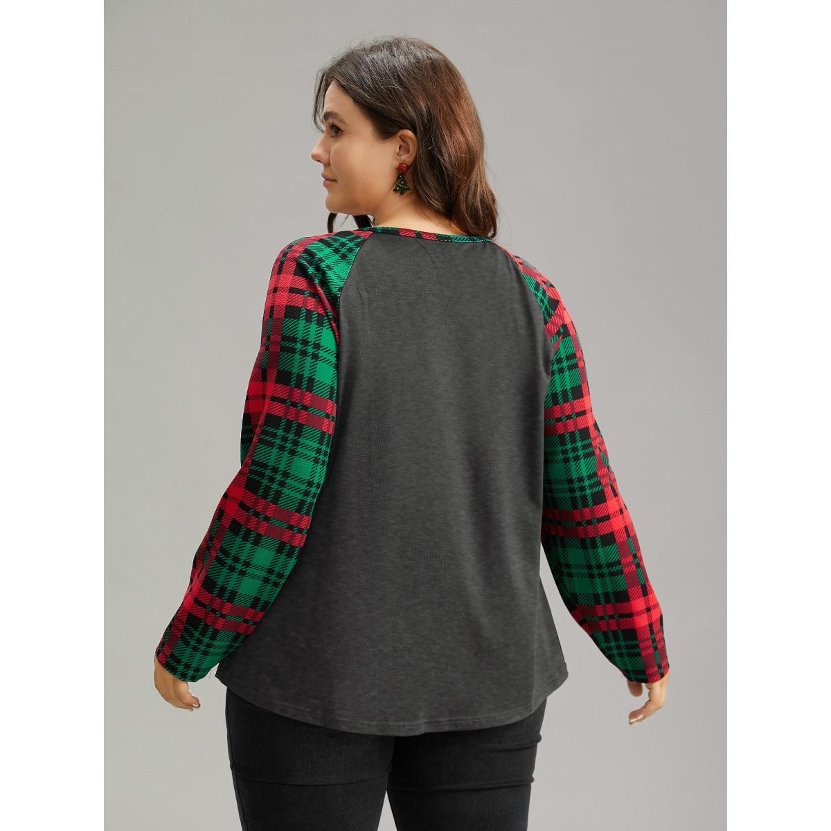 Plus Size Plaid Contrast Notched Raglan Sleeve T-shirt Gray Women Casual Contrast Plaid Notched collar Festival-Christmas T-shirts BloomChic 10/M Product Image