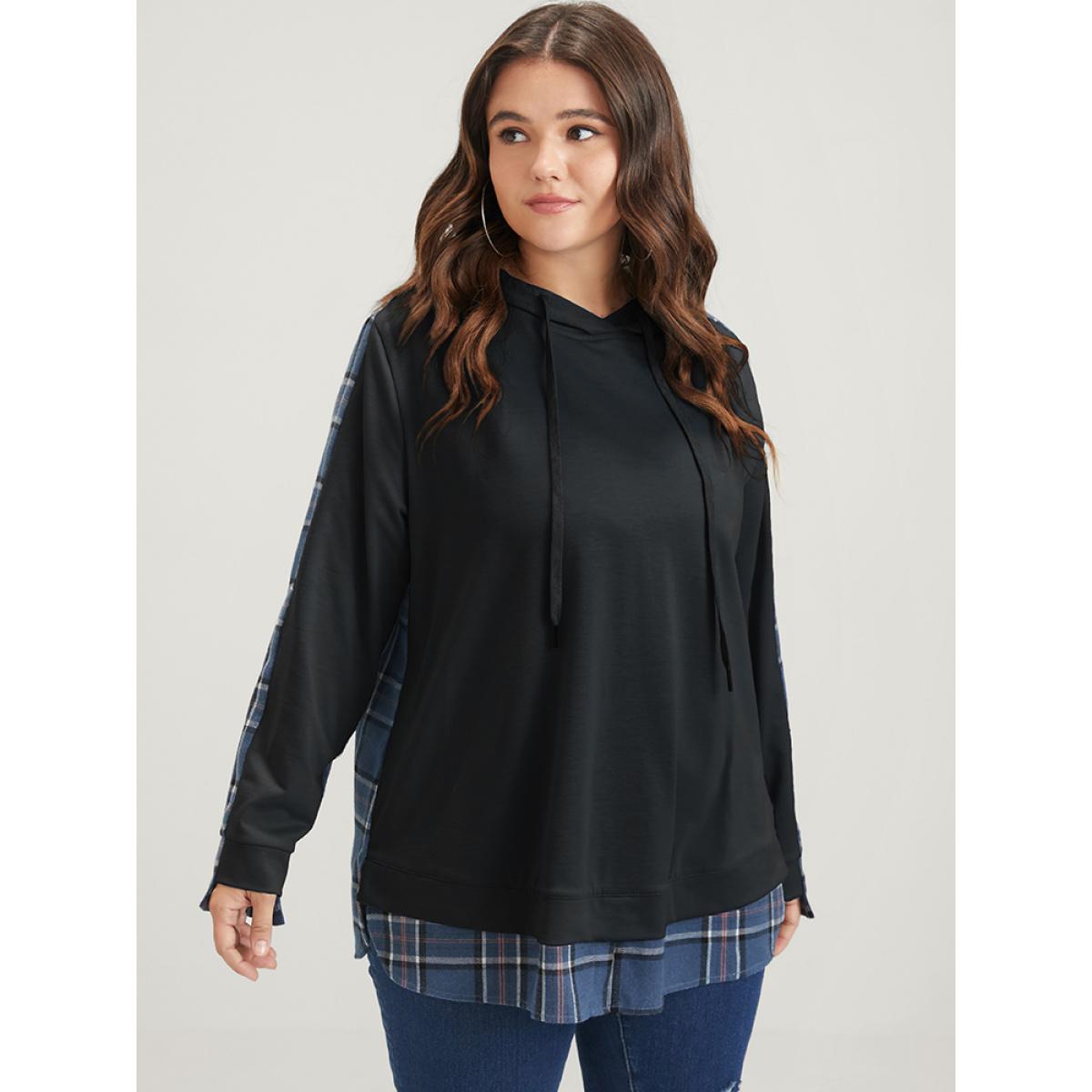 Plus Size Plaid Contrast Asymmetrical Drawstring Hooded Sweatshirt Women Black Casual Contrast Loose Hooded Dailywear Sweatshirts BloomChic 14-16/1X Product Image