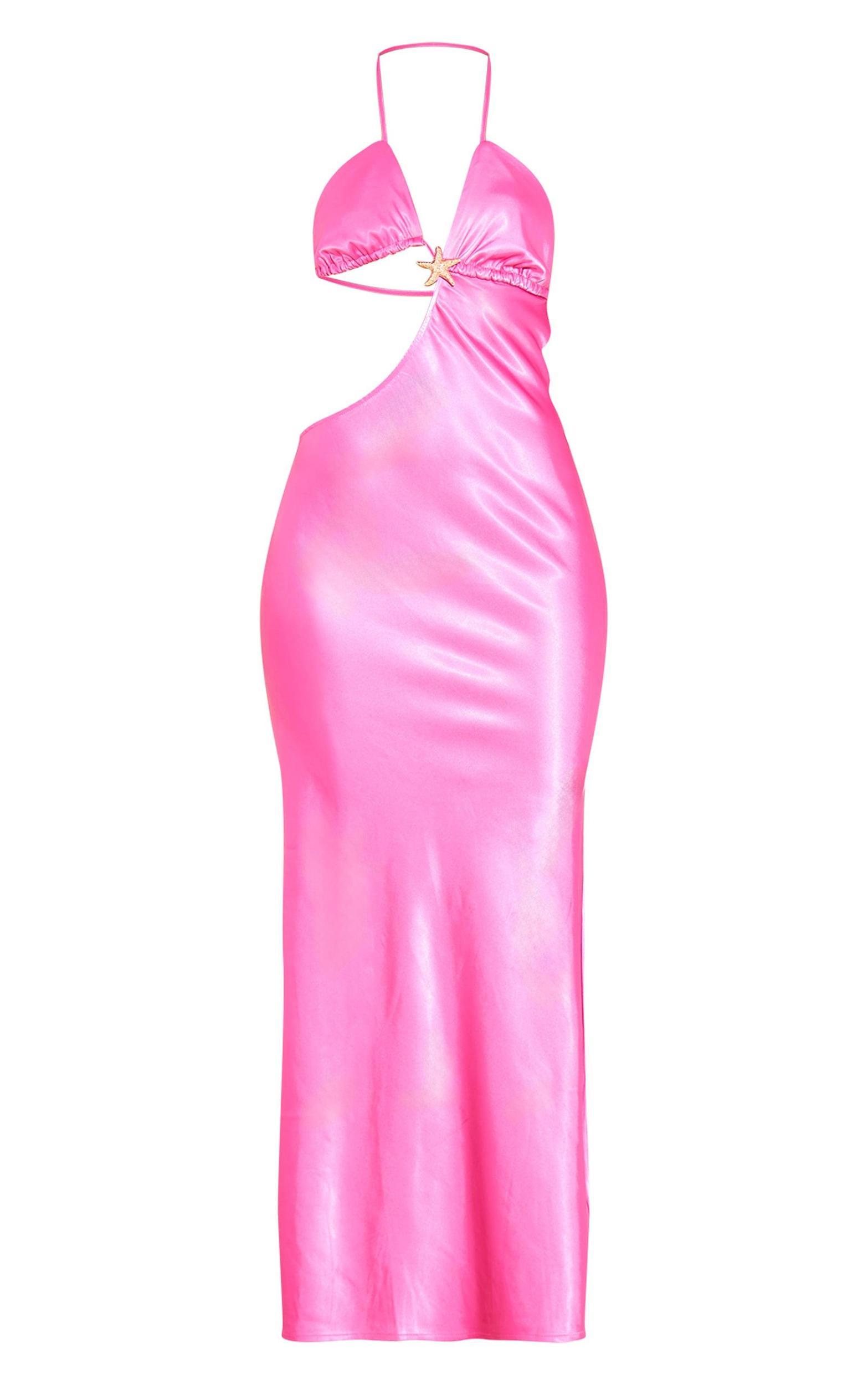 Bright Pink Satin Cut Out Halter Neck Maxi Dress Product Image