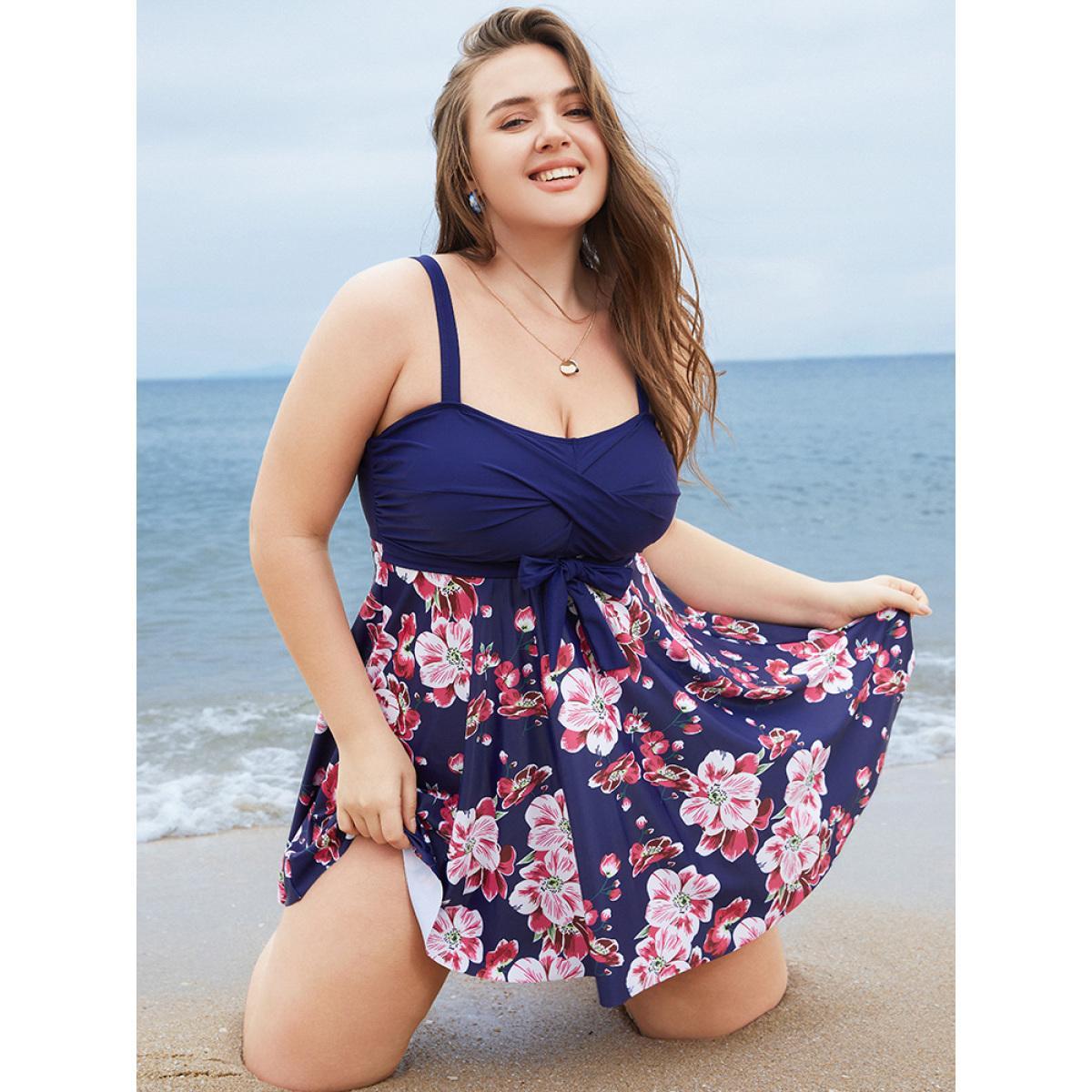Plus Size Floral Print Knotted Twist Front A Line Swim Dress Women's Swimwear Indigo Vacation Bodycon High stretch Curve Swim Dresses BloomChic 28/5X Product Image