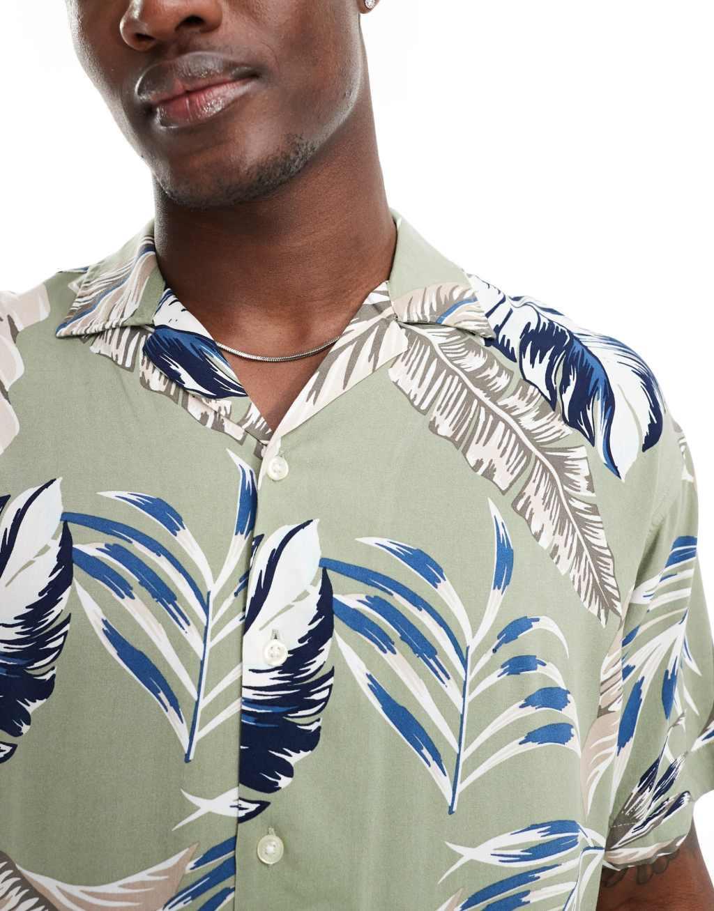 Jack & Jones camp collar feather print shirt in sage green  Product Image
