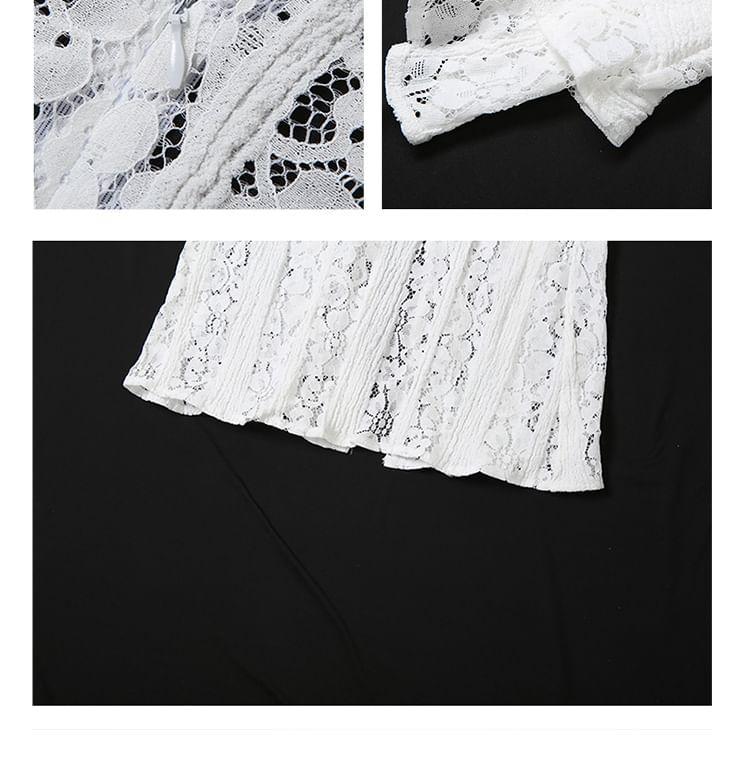Flared-Sleeve V-Neck Floral Lace Maxi Sheath Dress Product Image