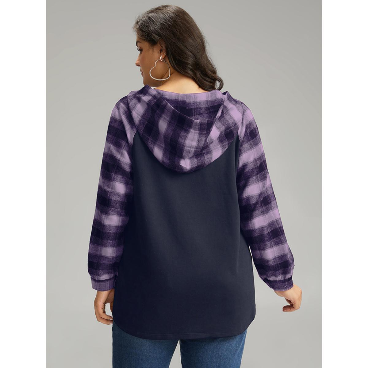 Plus Size Plaid Print Hooded Patchwork Sweatshirt Women Indigo Casual Patchwork Hooded Everyday Sweatshirts BloomChic 28/5X Product Image