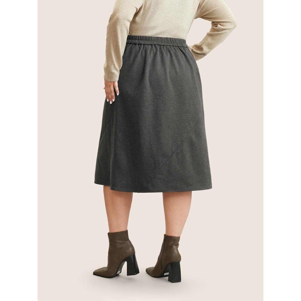 Plus Size Plain Heather Brushed Elastic Waist A Line Skirt Women DimGray Office A-line Low stretch Work Skirts BloomChic 10/M Product Image