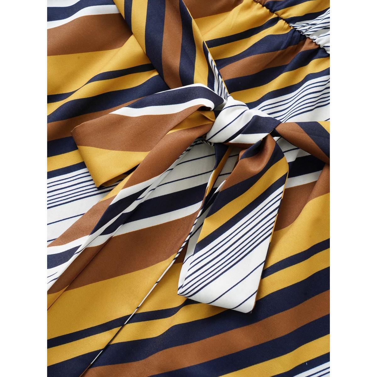 Plus Size Bronze Color Striped Ties High Low Hem Blouse Women At the Office Elbow-length sleeve Shirt collar Work Blouses BloomChic 18-20/2X Product Image