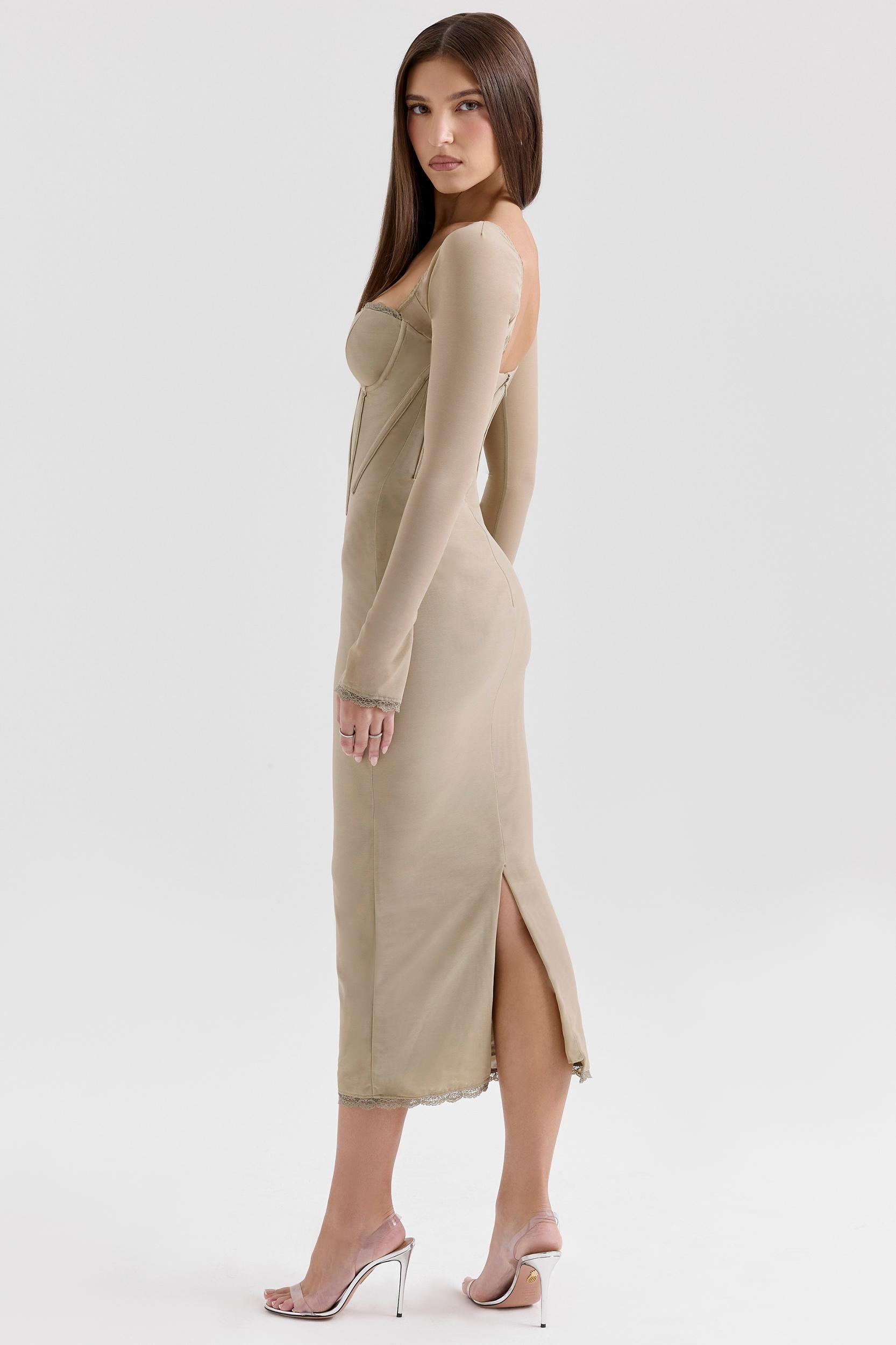 Saisha  beige mesh long sleeve bodycon midi dress Product Image
