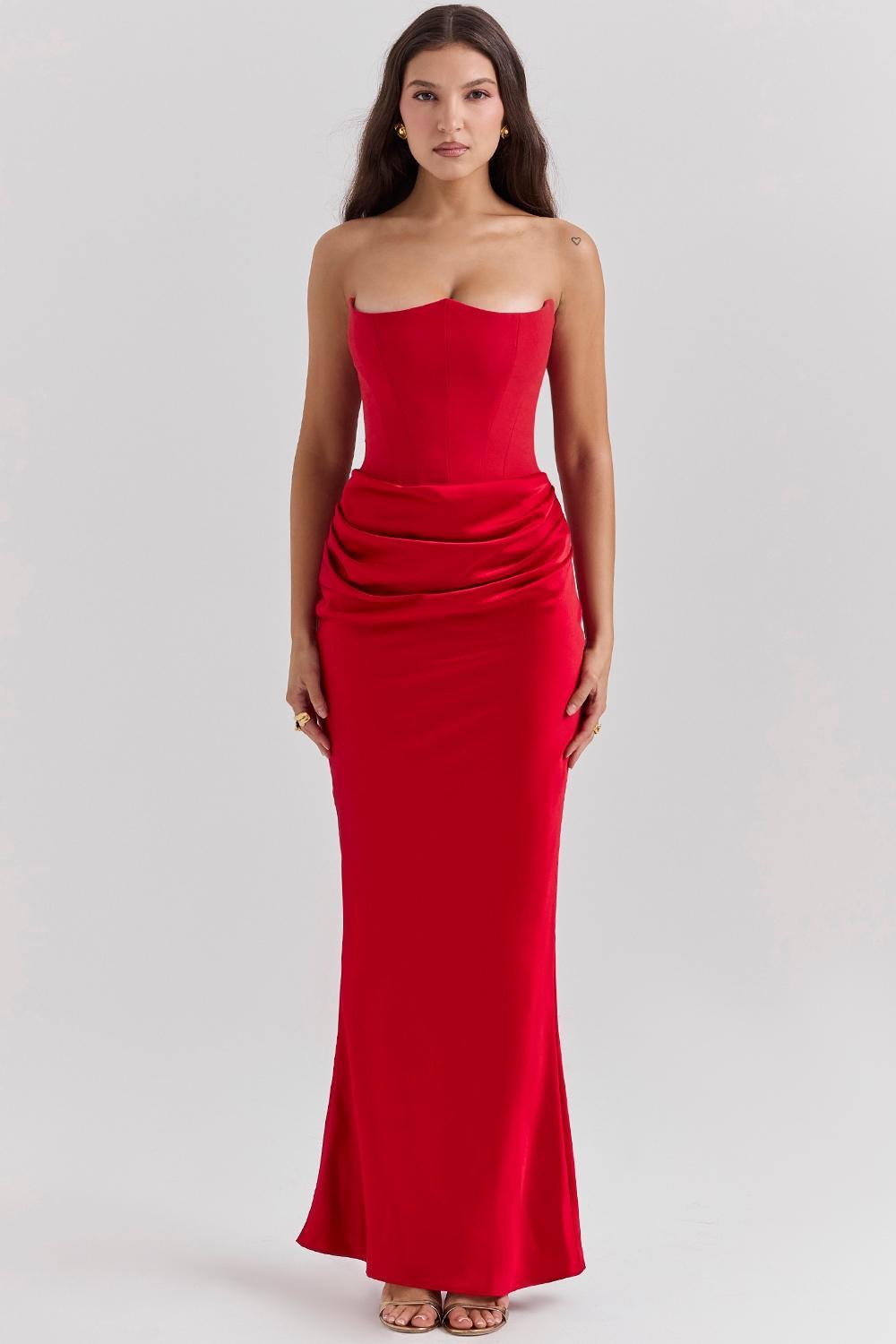 Persephone Scarlet Strapless Corset Maxi Dress Product Image