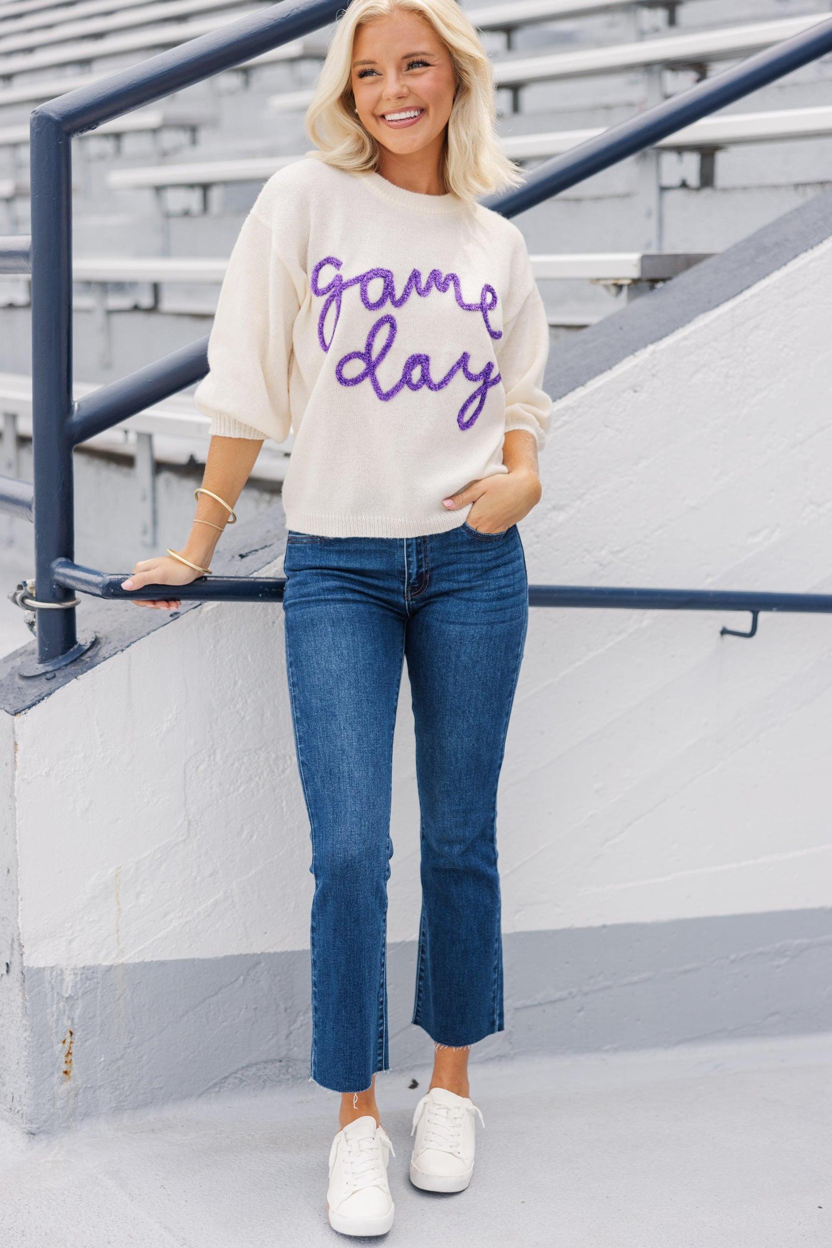 It's Game Day Ivory/Purple Puff Sleeve Sweater Female Product Image