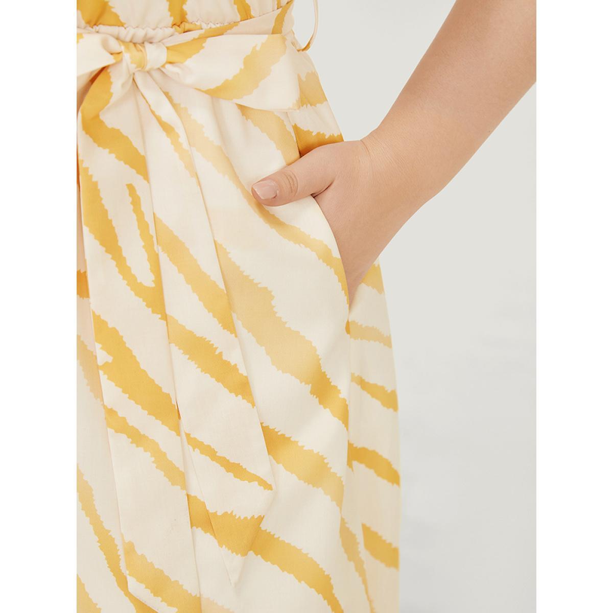 Plus Size Zebra Print Wrap Pocket Belt Ruffle Sleeve Split Dress Yellow Women Elegant Wrap V-neck Short sleeve Curvy Midi Dress BloomChic 28/5X Product Image