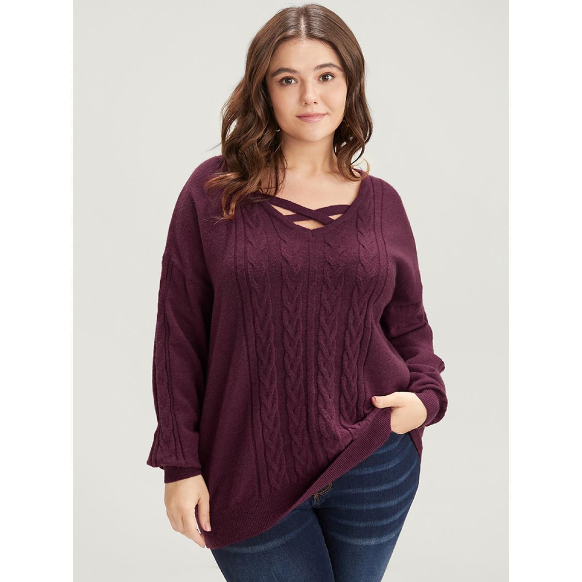 Plus Size Soft Pointelle Knit Crisscoss Neck Cable Knit Top Burgundy Women Elegant Loose Long Sleeve V-neck Dailywear Pullovers BloomChic 28/5X Product Image