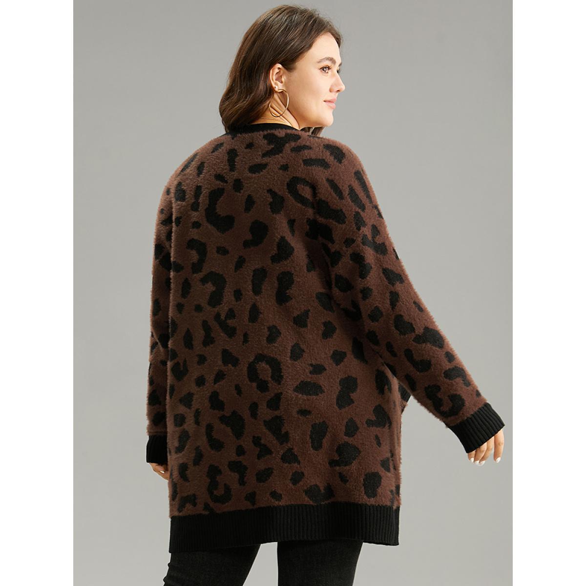 Plus Size Leopard Contrast Open Front Jacquard Cardigan DarkBrown Women Casual Loose Long Sleeve Everyday Cardigans BloomChic 30/6X Product Image
