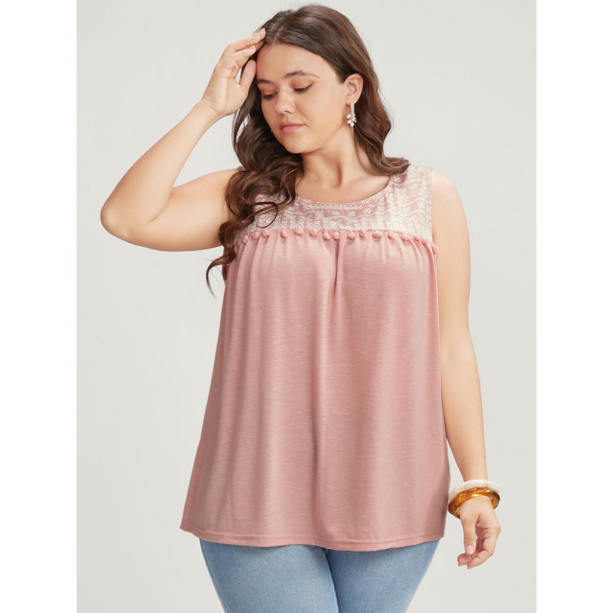 Plus Size Solid Patchwork Sleeveless Pompom Trim Tank Top Women Crepe Vacation Elastic Waist Round Neck Dailywear Tank Tops Camis BloomChic 12/L Product Image