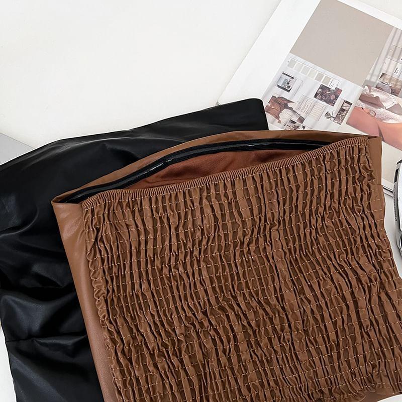 Strapless Plain Faux Leather Ruched Crop Top Product Image