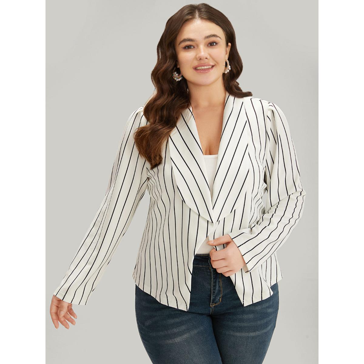 Plus Size Striped Lapel Collar Open Front Blazer White Women Work Striped Asymmetrical Sleeve Long Sleeve Lapel Collar 14-16/1X At the Office Blazers BloomChic Product Image