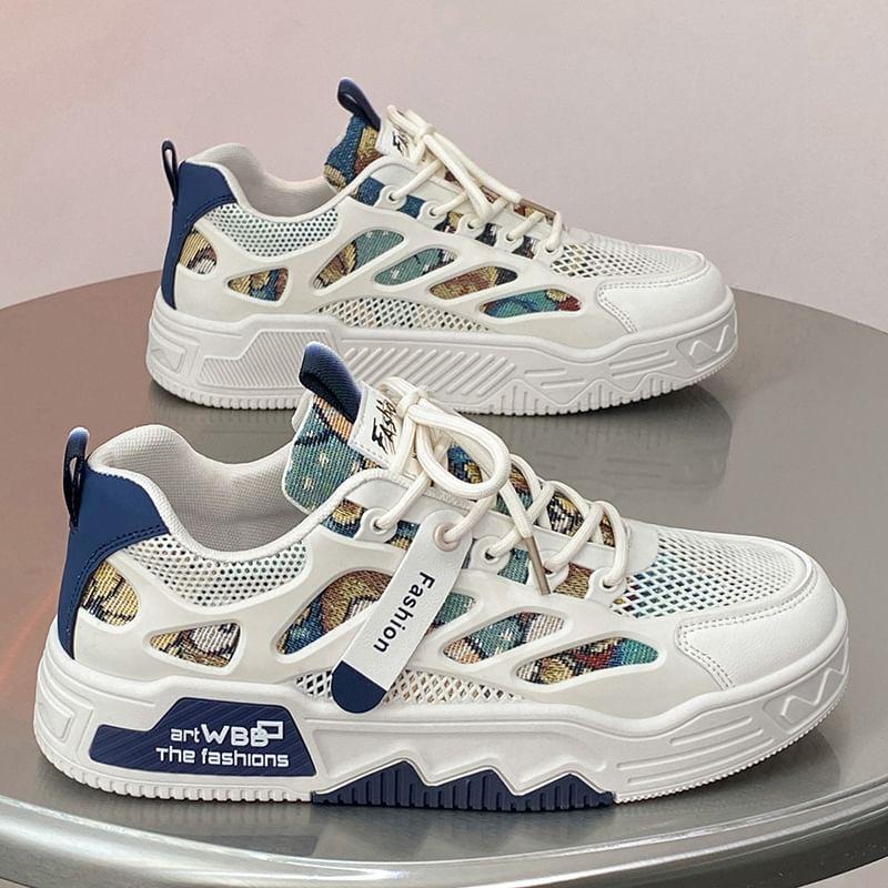 Platform Print Mesh Panel Lace-Up Sneakers Product Image