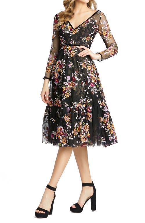 Mac Duggal Womens Black Floral Embroidered Tea Length Dress Product Image