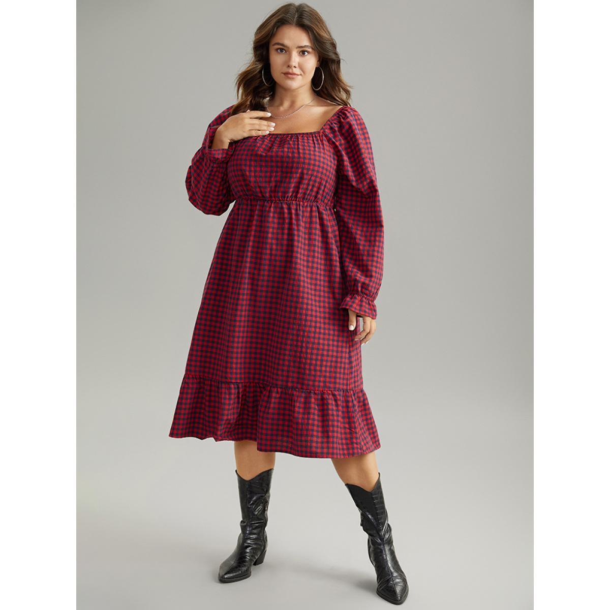 Plus Size Gingham Square Neck Shirred Gathered Ruffles Dress Scarlet Women Casual Gathered Square Neck Long Sleeve Curvy Midi Dress BloomChic 18-20/2X Product Image