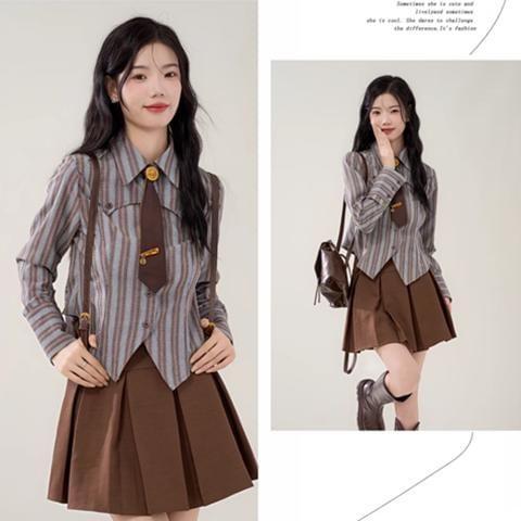 Long Sleeve Collared Striped Panel Shirt / Necktie / Set Product Image