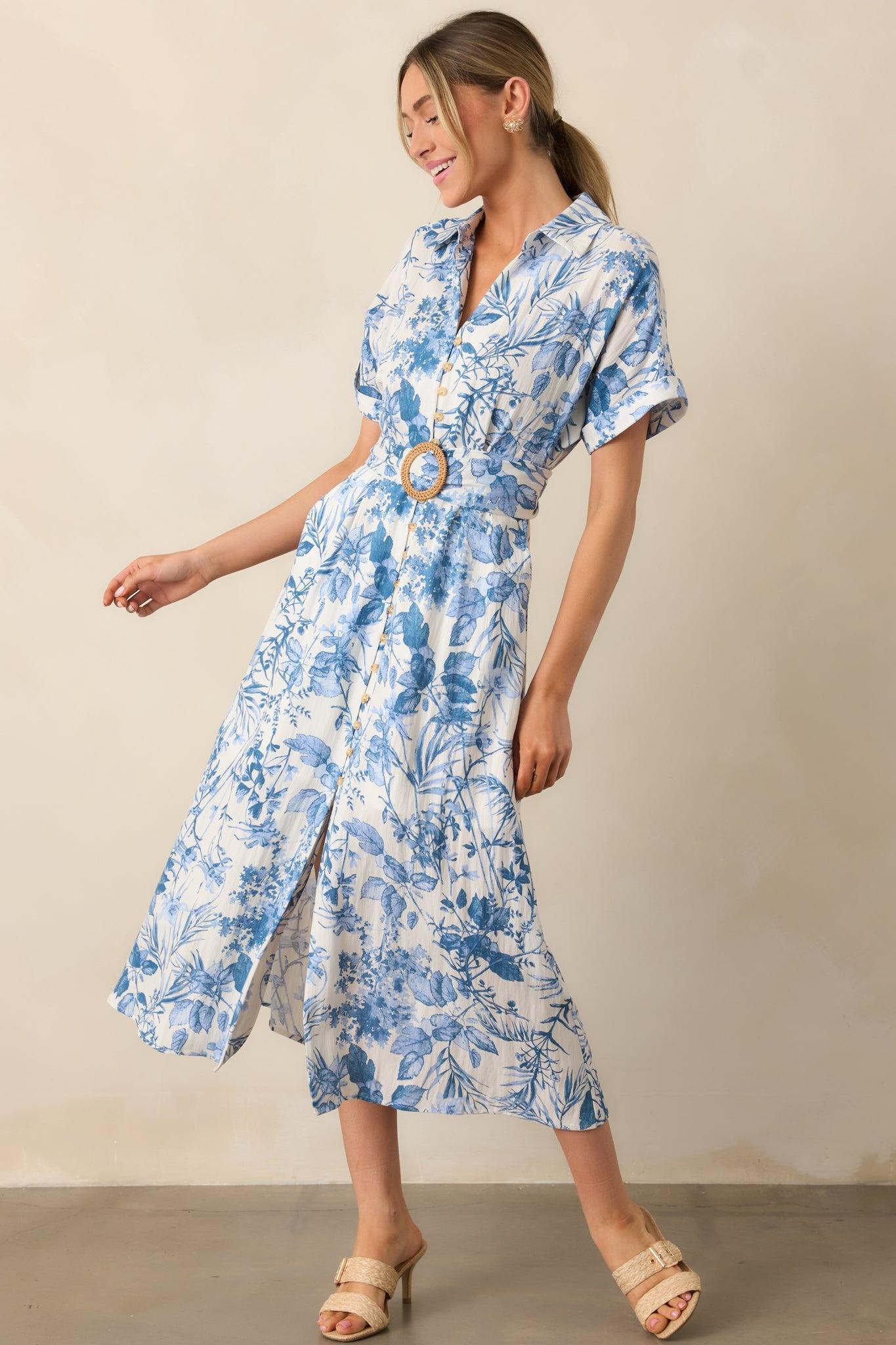 Springtime Splendor White & Blue Floral Belted Midi Dress Product Image