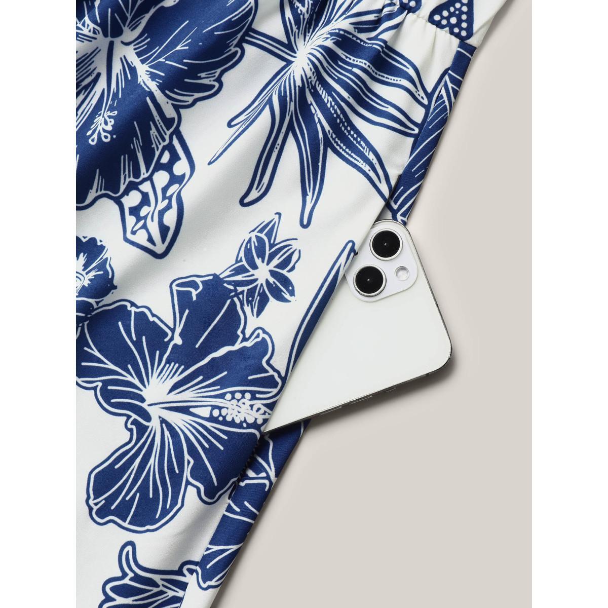 Plus Size Boho Print Fit Flare Pockets Midi Dress DarkBlue Women Resort Non Heart neckline Short sleeve Curvy BloomChic 30/6X Product Image