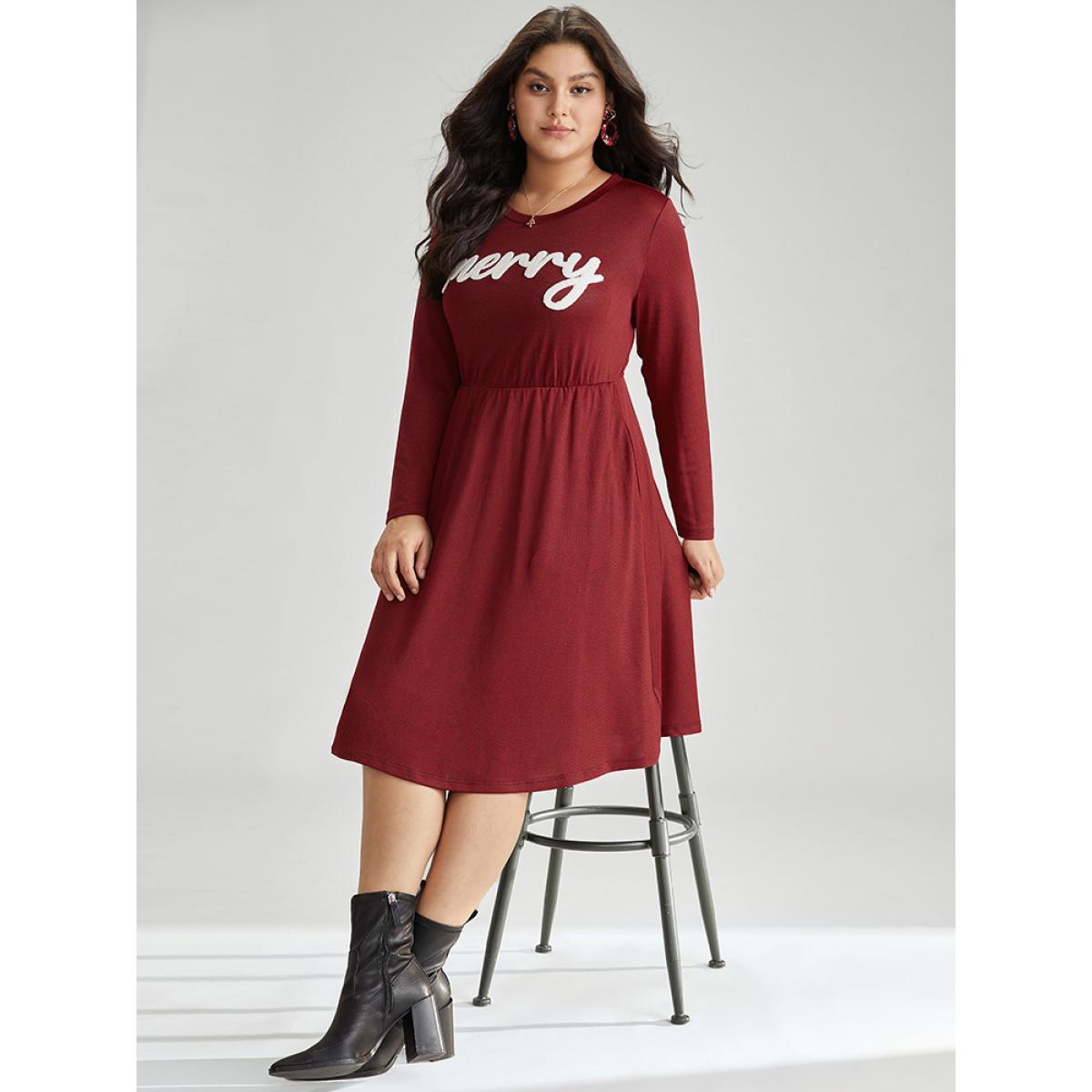 Plus Size Holiday Greetings Embroidered Pocket Elastic Waist Dress Scarlet Women Elegant Embroidered Round Neck Long Sleeve Curvy Midi Dress BloomChic 10/M Product Image