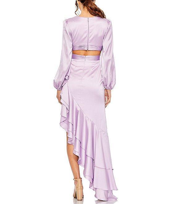 Mac Duggal Satin Deep V-Neck Long Balloon Sleeve Cut-Out Side Tiered Ruffle Asymmetrical Hemline Gown Product Image