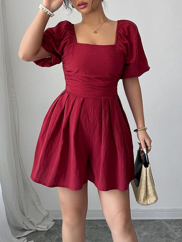 A-Line Half Sleeves Elasticity Pleated Solid Color Square-Neck Rompers Product Image