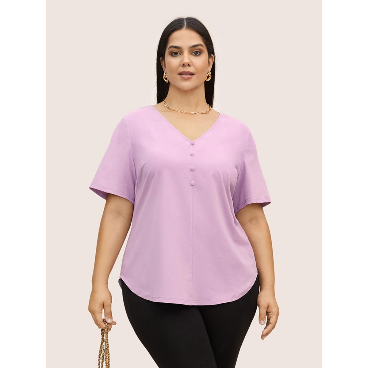 Plus Size Lilac Stretchy Woven Solid Button Detail Blouse Women Work From Home Short sleeve V-neck Work Blouses BloomChic 28/5X Product Image