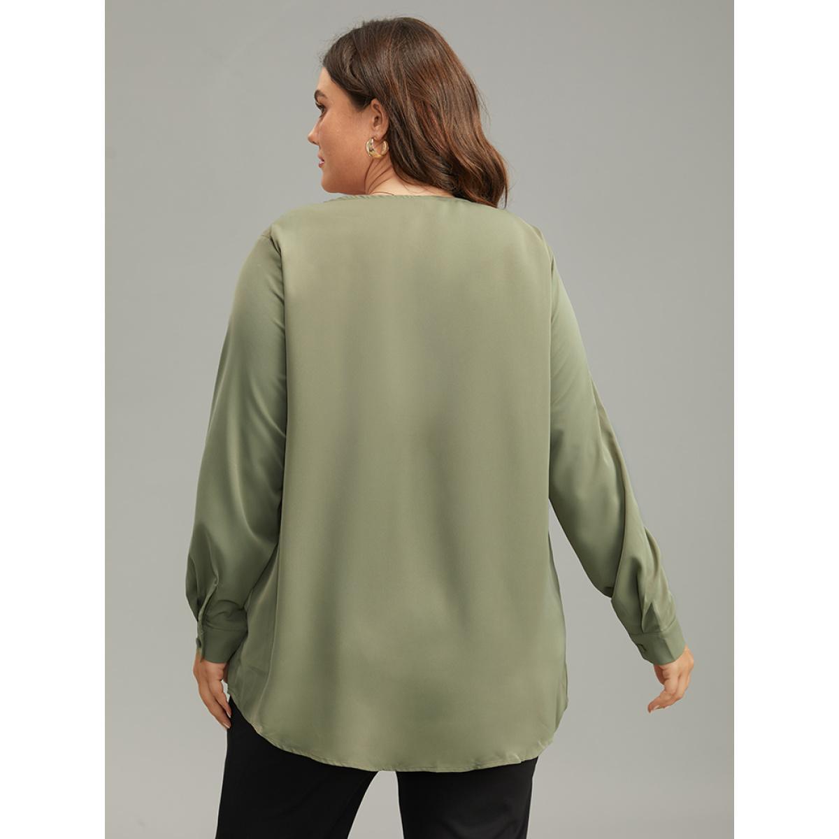 Plus Size ArmyGreen Lapel Collar Button Up Blouse Women Office Long Sleeve Lapel Collar Work Blouses BloomChic 28/5X Product Image