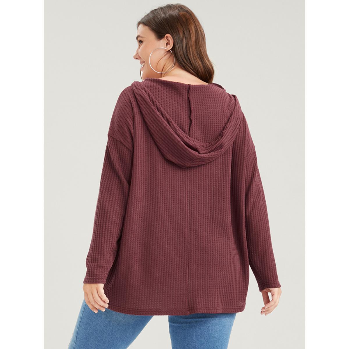 Plus Size Plain Ties Waffle Knit Hooded Sweatshirt Women Scarlet Casual Plain Hooded Dailywear Sweatshirts BloomChic 12/L Product Image