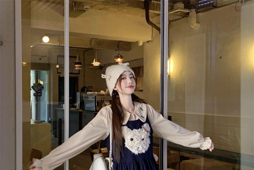 Bear Embroidered Midi Jumper Dress / Flower Embroidered Shirt Product Image