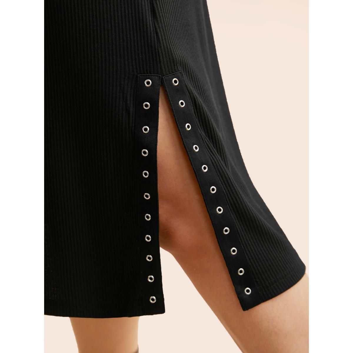 Plus Size Crew Neck Eyelet Split Hem Dress Black Women Casual Eyelet Round Neck Long Sleeve Curvy BloomChic 12/L Product Image