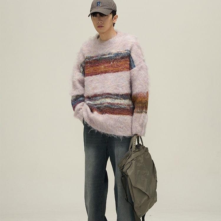Crew Neck Striped Fluffy Oversized Sweater Product Image