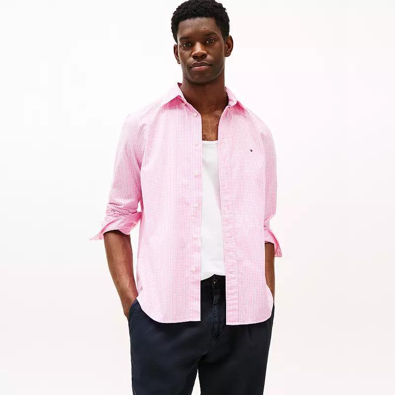 Men's Tommy Hilfiger Flex Poplin Gingham Long Sleeve Shirt, Size: Large, Classic Pink Gingham Product Image