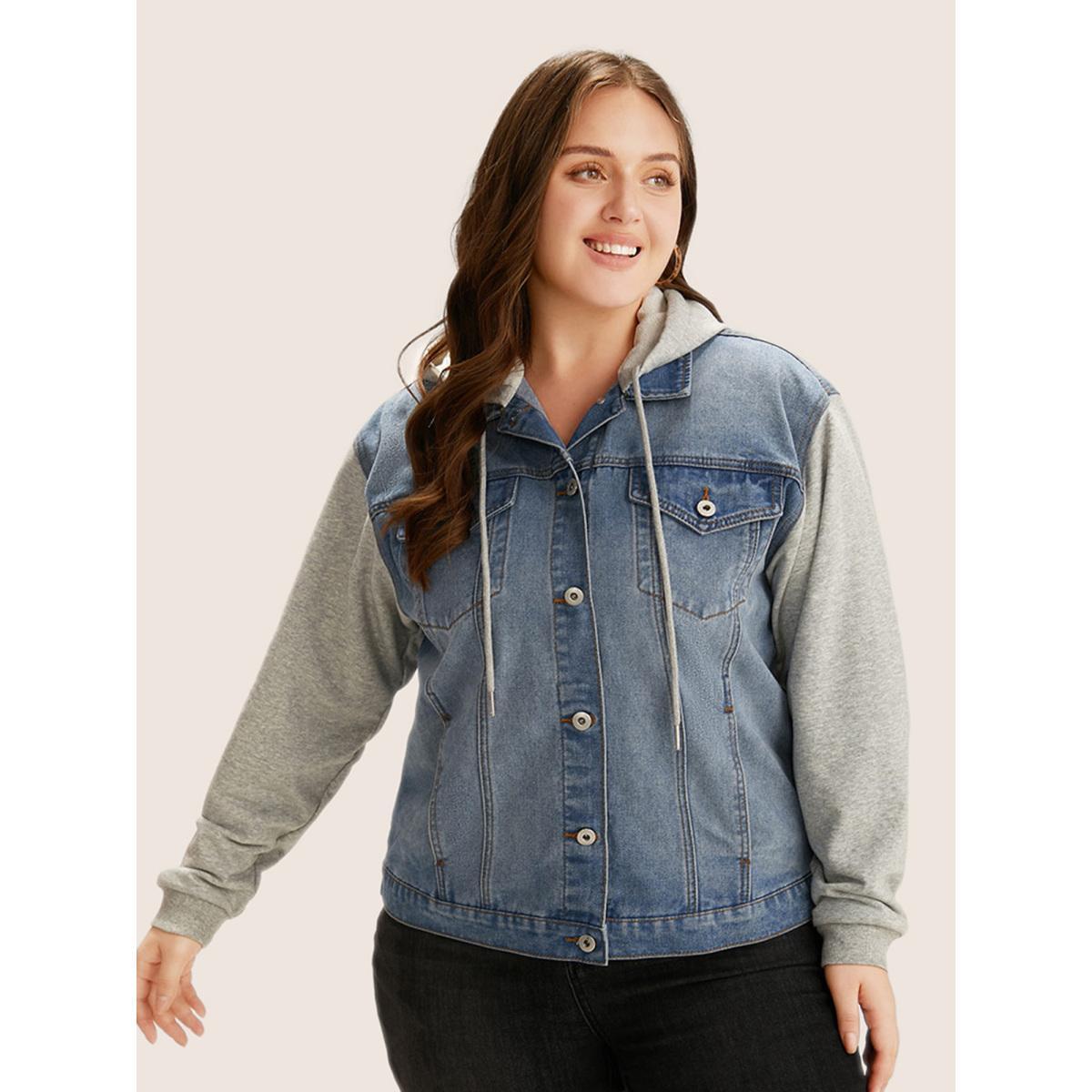 Women Hooded Patchwork Flap Pocket Denim Jacket Stone Plus Size Plain Contrast Everyday Slanted pocket Casual Denim Jackets BloomChic 26/4X Product Image