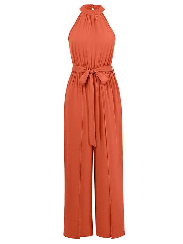 High Waisted Loose Pleated Solid Color Split-Front Tied Waist Halter-Neck Jumpsuits Product Image