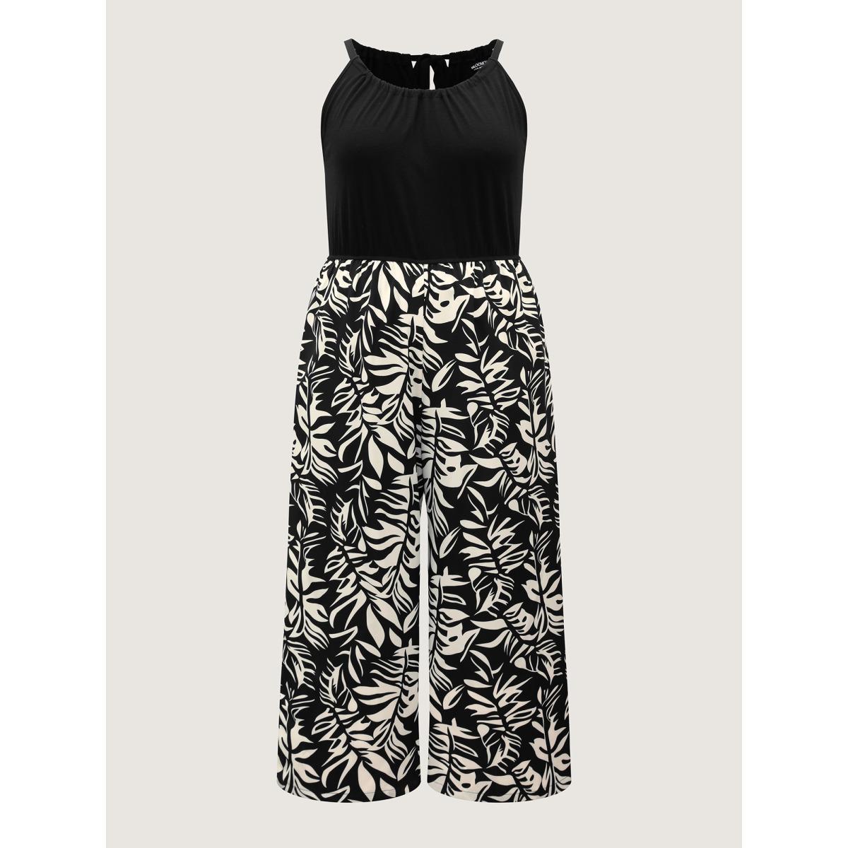 Plus Size Black Leafy Print Halter Neck Sleeveless Jumpsuit Women Sleeveless Round Neck Vacation Loose Jumpsuits BloomChic 18-20/2X Product Image