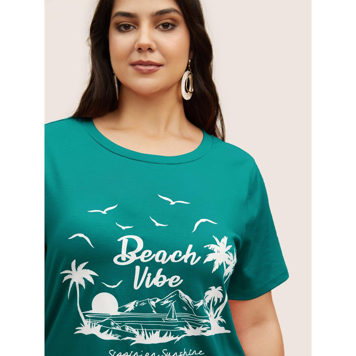 Plus Size Tropical Coconut Tree Print Round Neck T-shirt Teal Women Resort Contrast Art&design Round Neck Vacation T-shirts BloomChic 18-20/2X Product Image
