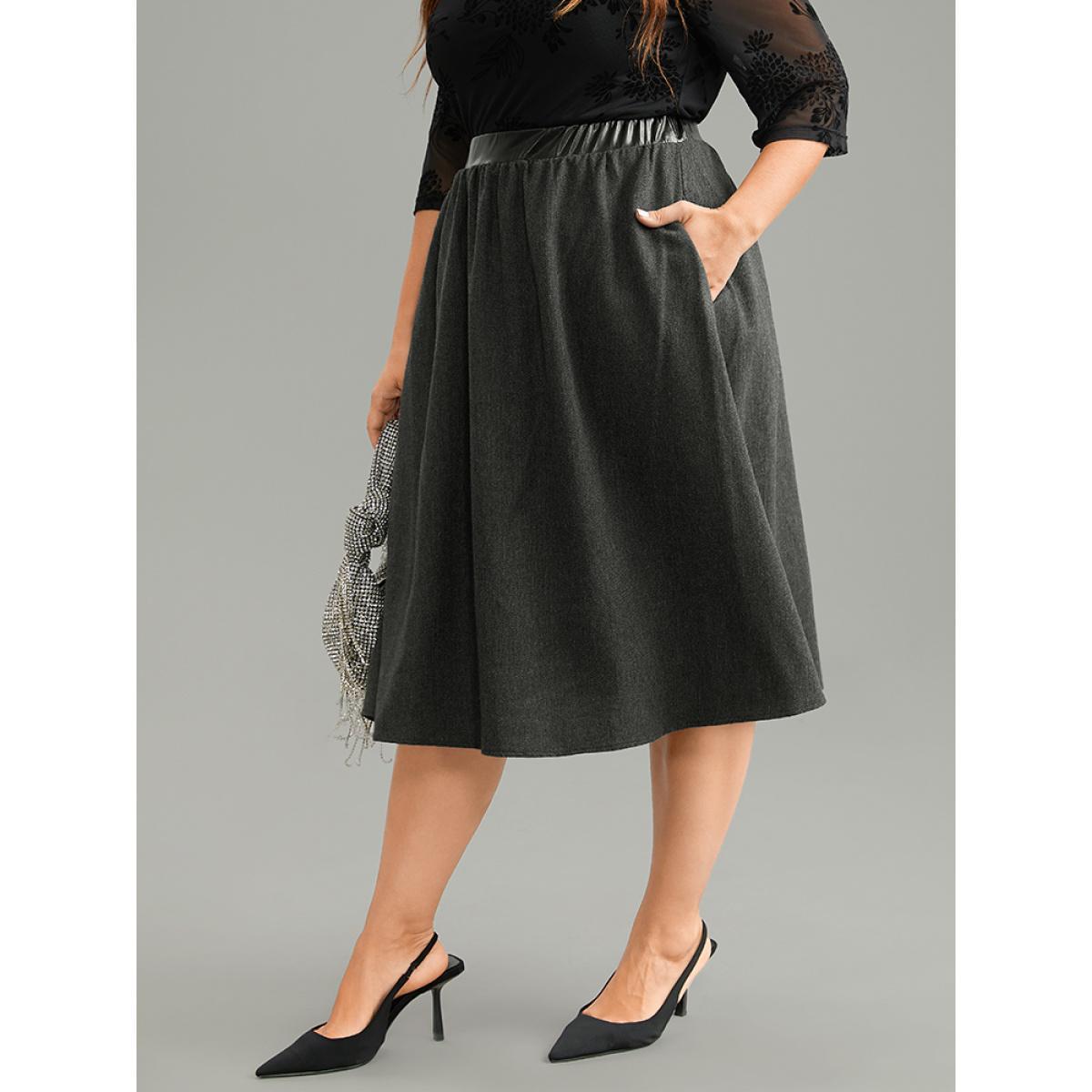 Plus Size Solid PU Patchwork Pocket Elastic Waist Skirt Women DimGray Office Texture No stretch Pocket Work Skirts BloomChic 14-16/1X Product Image