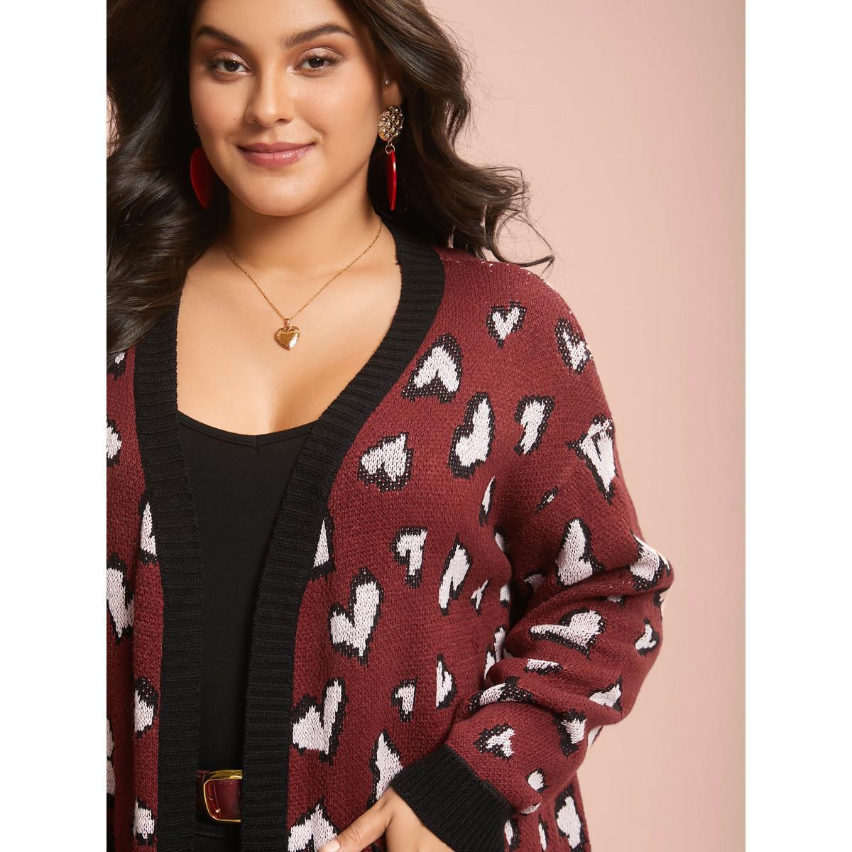 Plus Size Hearts All Over Open Front Contrast Cardigan Deepred Women Casual Loose Long Sleeve Everyday Cardigans BloomChic 12/L Product Image