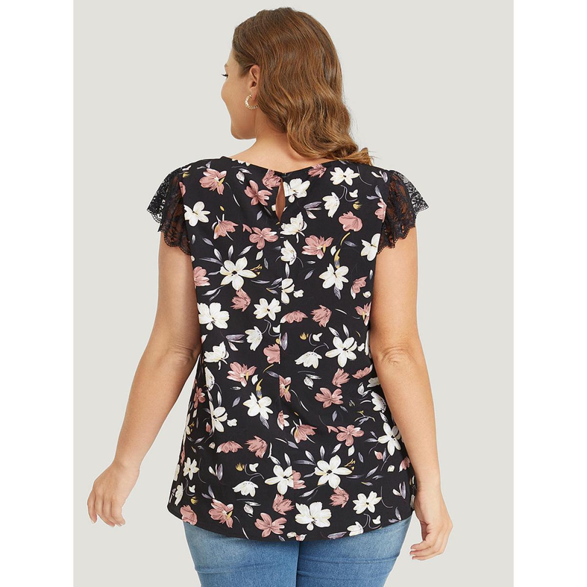 Plus Size Multicolor Floral Printed Lace Cap Sleeve Blouse Women Elegant Cap Sleeve Round Neck Dailywear Blouses BloomChic 30/6X Product Image