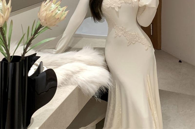 Off-Shoulder Long-Sleeve Lace Trim Midi Mermaid Dress Product Image