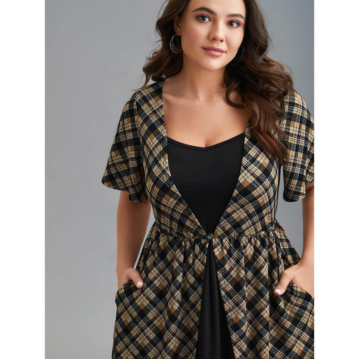 Plus Size Plaid Color-Block Ruched Open Midi Dress Tan Women Casual Patchwork Heart neckline Short sleeve Curvy BloomChic 22-24/3X Product Image