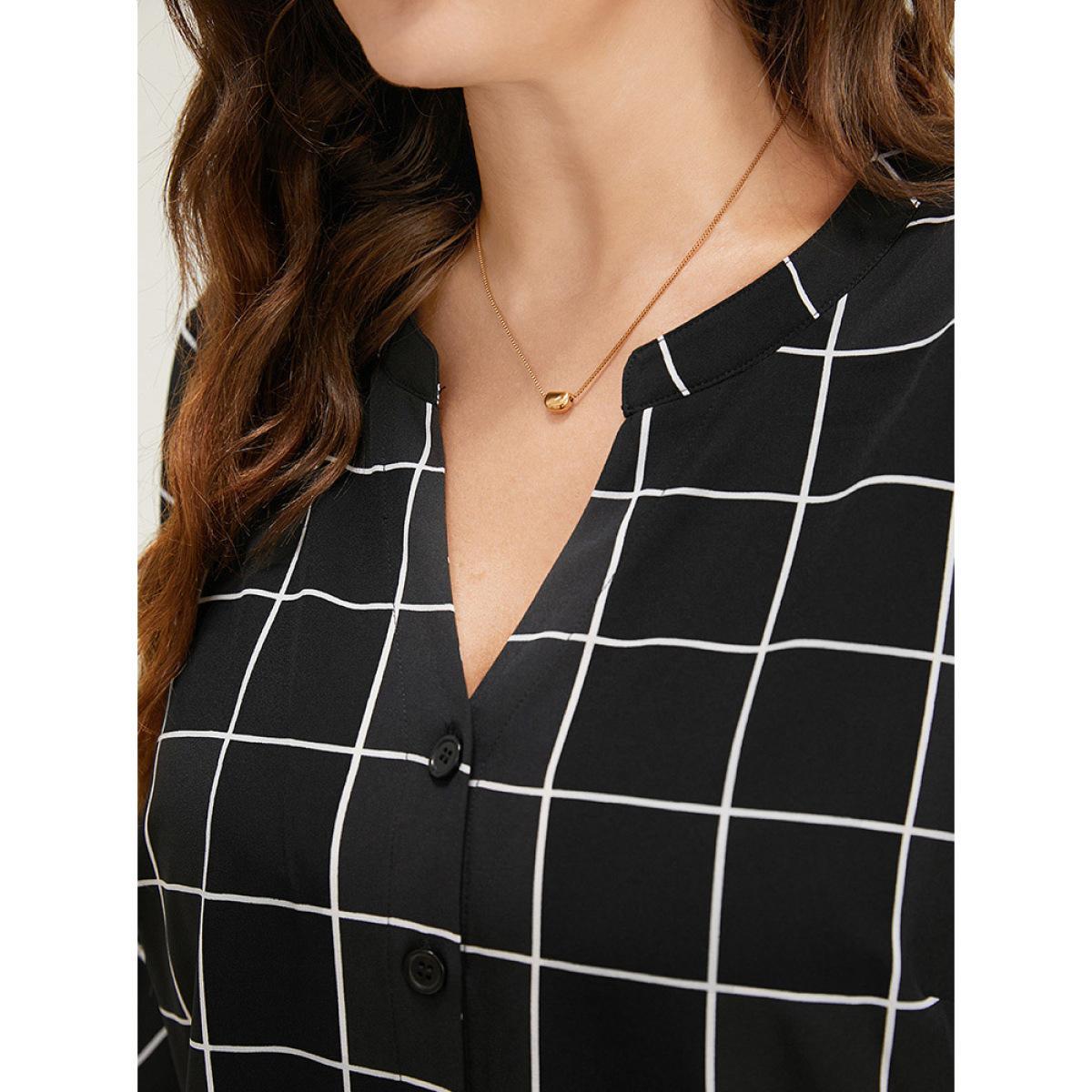 Plus Size Black Plaid Notched Button Up Ruffle Sleeve Split Hem Blouse Women Office Elbow-length sleeve Notched collar Work Blouses BloomChic 18-20/2X Product Image