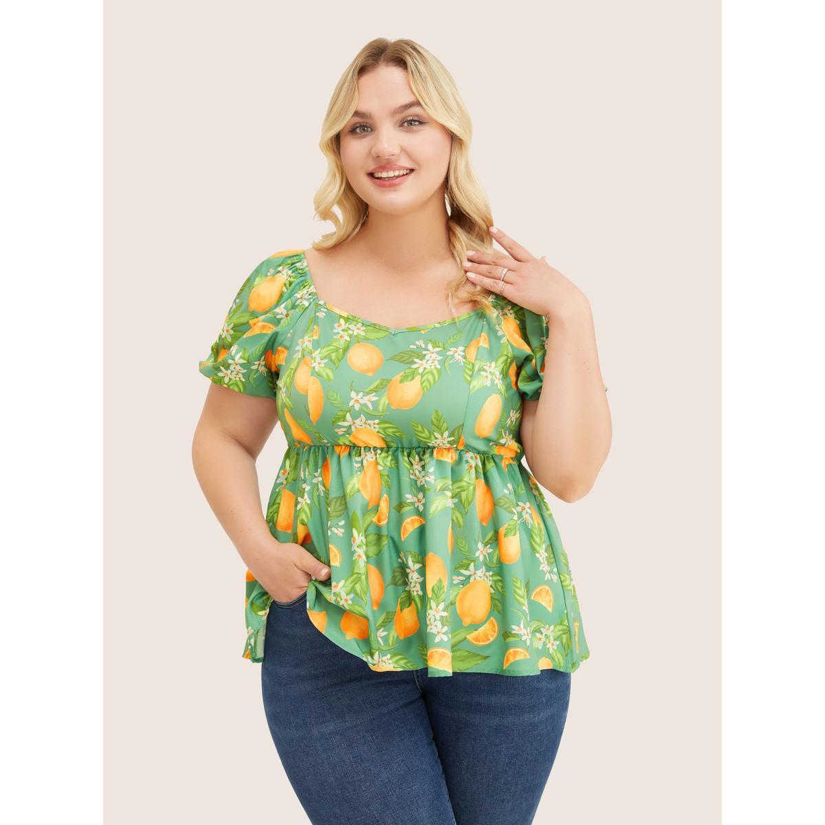 Plus Size Mint Citrus Orange & Floral Print Puff Sleeve Ruffles Blouse Women Vacation Short sleeve V-neck Dailywear Blouses BloomChic 12/L Product Image