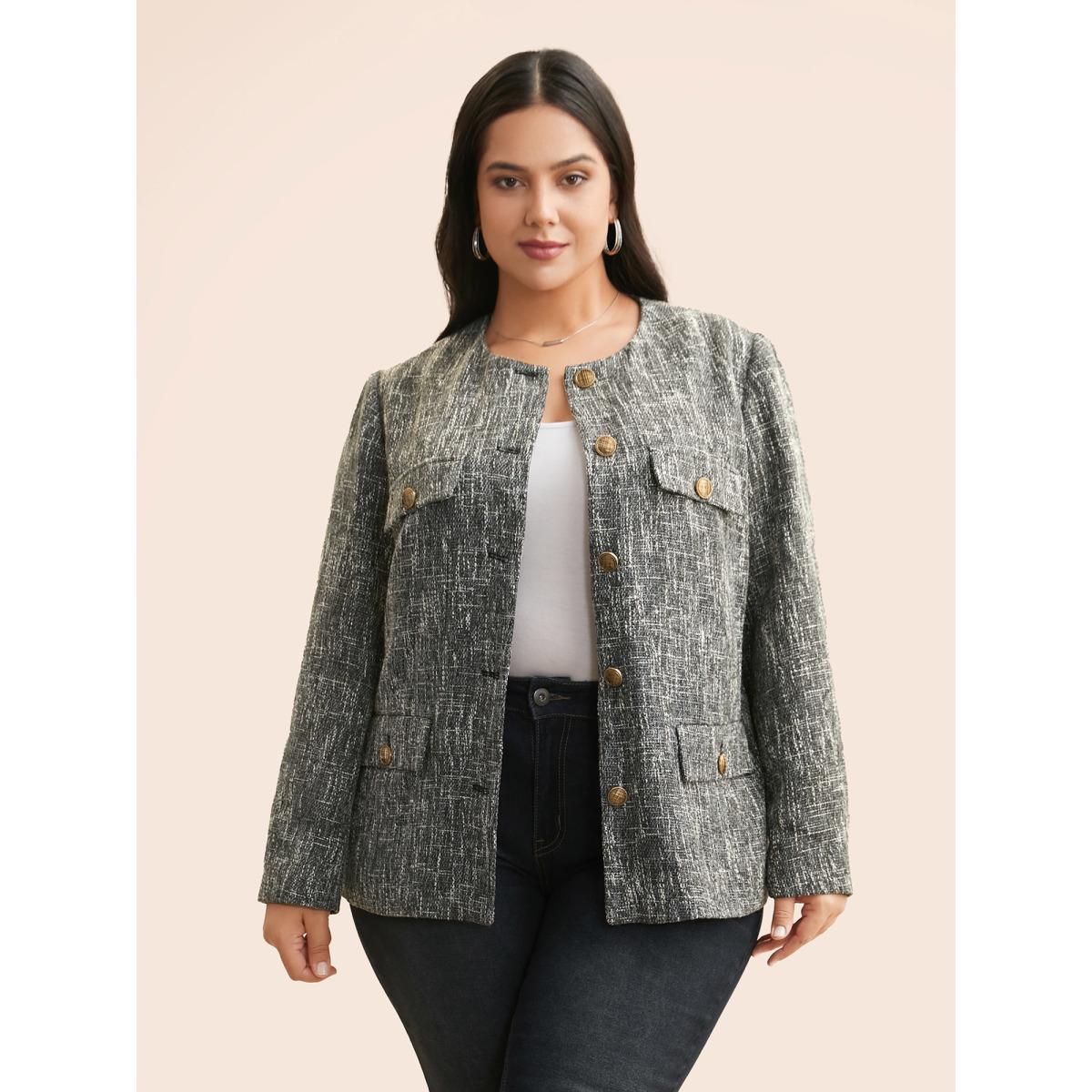 Plus Size Tweed Button Up Flap Pocket Jacket Women Black Button Open pocket with flap Everyday Jackets BloomChic 18-20/2X Product Image