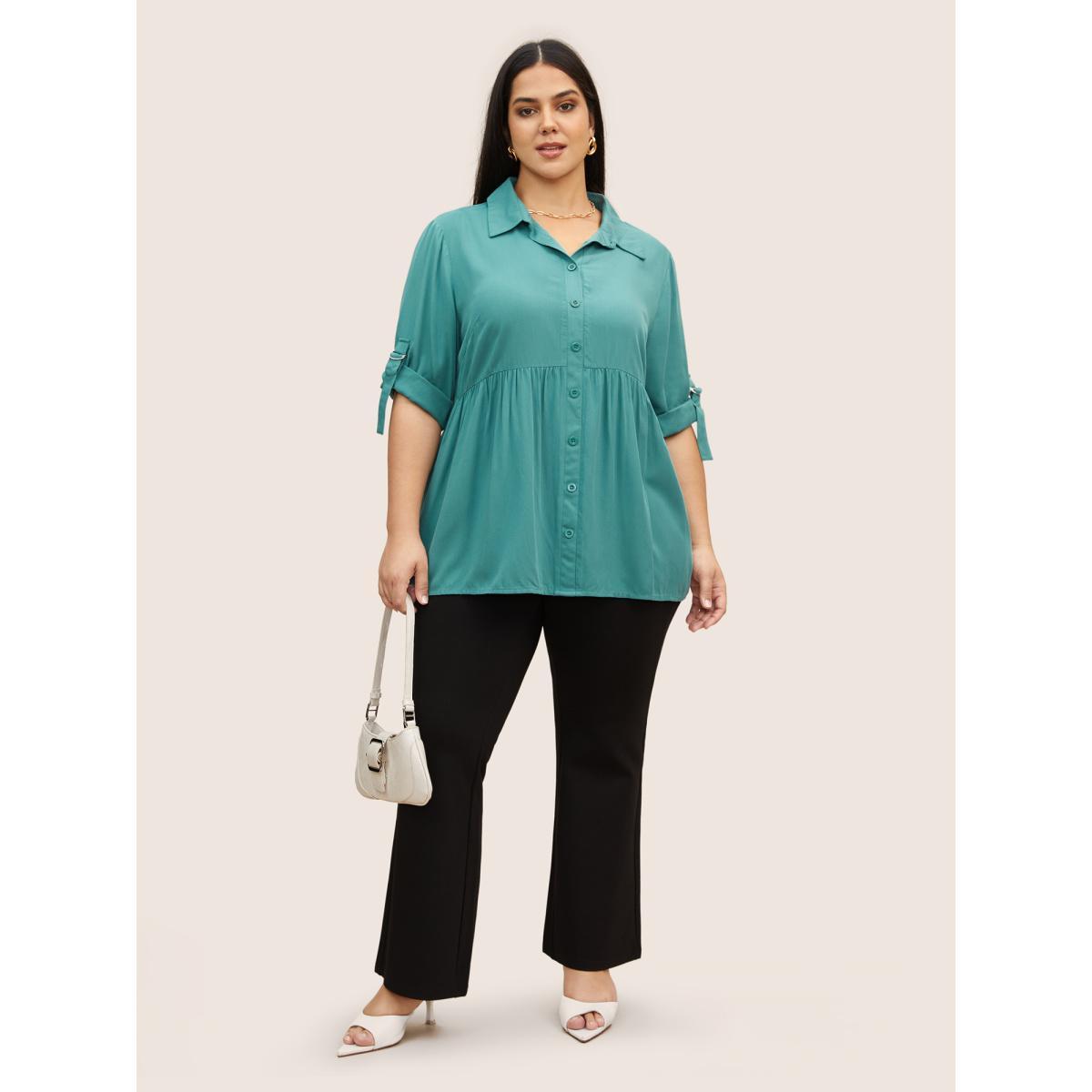 Plus Size Emerald Rayon Shirt Collar Button Cuff Sleeve Blouse Women Work From Home Elbow-length sleeve Shirt collar Work Blouses BloomChic 18-20/2X Product Image